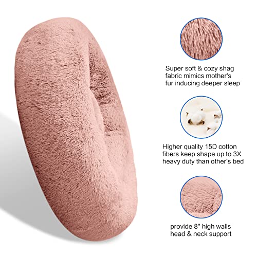 SAVFOX 23 inches Calming Donut Dog Bed - 3X Durable Plush Faux Fur, Machine Washable & Non-Slip, Fits up to 25 lbs, Pink - color: Pink, size: Small | 23"x23"