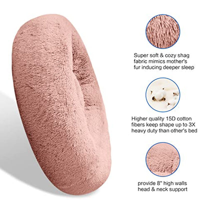 SAVFOX 30 inches Calming Donut Dog Bed - 3X Durable Plush Faux Fur, Machine Washable & Non-Slip, Fits up to 45 lbs, Pink - color: Pink, size: Medium | 30"x30"