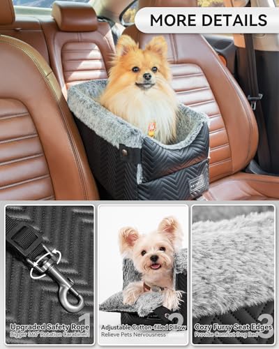 PETSFIT Center Console Dog Car Seat with Safe Protection Hooks, Pet Car Seat with Upgraded Safety Tethers, Washable Cushion, Console Dog Car Seats for Small Dogs Up to 8 Lbs(Black) - color: Black
