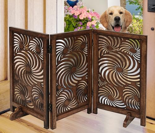 Freestanding Pet Gate for Dogs, Foldable Wooden Dog Gate for House, Indoor Dog Gate for Stair, Doorway, Sun Flower Design Gates for Dogs Indoor, 48 Inch Wide, (16" x3 Panels =48 inch), Burnt Finish - color: Burnt, size: 48x28" 3 Panel Sun Flower
