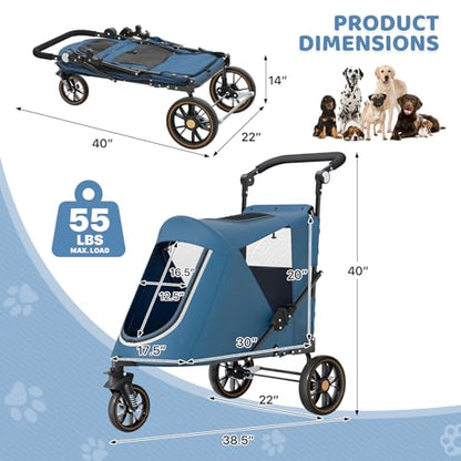 Magshion Pet Stroller for Medium Dogs w/Adjustable Handle, 3-Wheel Dog Cat Wagon w/Dual Entry, Rear Storage, Breathable Mesh, One-Foot Brake, Ideal for Large Pets up to 55 lbs, Navy Blue - color: Navy Blue, style: Up to 55 lbs