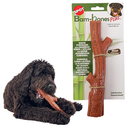 SPOT Bam-Bones Plus Branch -Bamboo Fiber & Nylon, Durable Long Lasting Dog Chew for Aggressive Chewers – Great Toy for Adult Dogs & Teething Puppies Under 90lbs, Non-Splintering, 9.5in, Beef Flavor - size: 9.5 inch (Pack of 1)