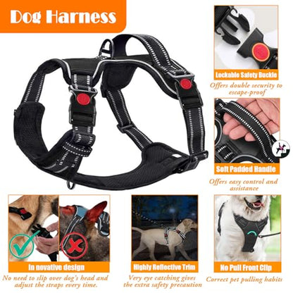 LOBEVE No Pull Dog Harness, Collar & Leash Set | Includes Dog Seat Belt, Collapsible Bowls & Poop Bag Dispenser. Ideal for Training, Walking, Hiking. Fits Small to Large Dogs(Black-L) - color: Black, size: Large