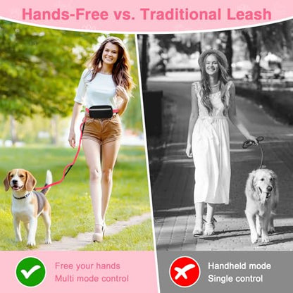 Hands Free Dog Leash with Zipper Pouch, Dual Padded Handles, Shock Absorbing Bungee Leash for Small Medium Large Dogs, Ideal for Walking Jogging Running Hiking (Pink) - color: Pink
