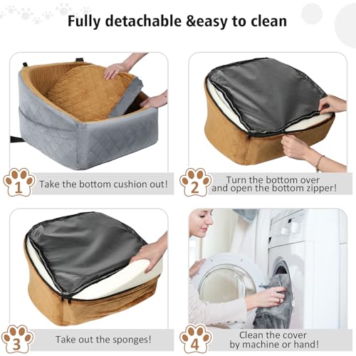 NEEZUKAR Dog Car Seat for Small Medium Dogs,Detachable Washable Dog Booster Seat Under 30lbs, Pet Car Seat Travel Bed with Storage Pockets and Dog Safety Belt(Grey/Brown) - color: Grey/brown