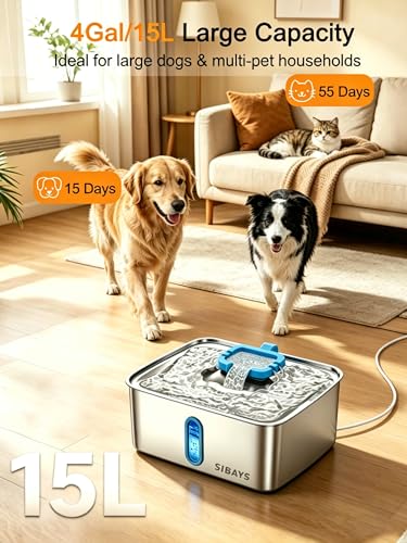 SIBAYS 4Gal/15L Large Dog Water Fountain, Stainless Steel Pet Water Fountain with Water Level Window and LED Light, Ultra Quiet Automatic Dog Water Bowl Dispenser, Easy to Clean(FS78, Silver-Blue) - color: Silver-Blue