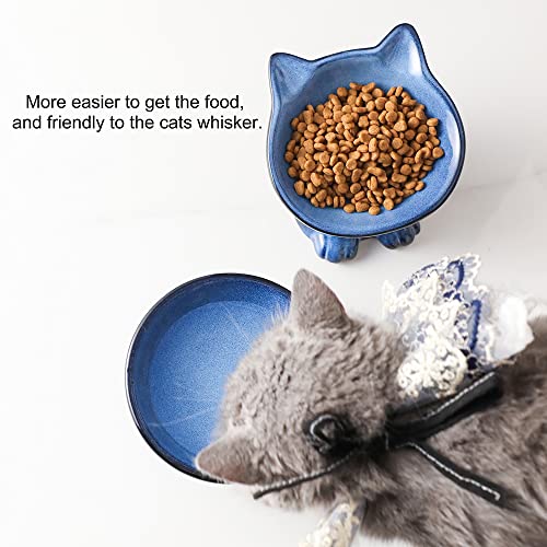 Nihow Elevated Cat Bowls,5 Inch Ceramic Raised Cat Food and Water Bowl Set | Slanted,Whisker Friendly,for Protecting Pet's Spine,Microwave & Dishwasher Safe ,Elegant Blue & Black 4.5 OZ, Set of 2 - color: Blue & Black, size: 4.5 OZ+8 OZ
