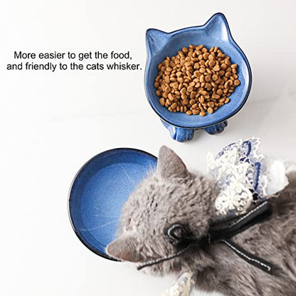 Nihow Elevated Cat Bowls,5 Inch Ceramic Raised Cat Food and Water Bowl Set | Slanted,Whisker Friendly,for Protecting Pet's Spine,Microwave & Dishwasher Safe ,Elegant Blue & Black 4.5 OZ, Set of 2 - color: Blue & Black, size: 4.5 OZ+8 OZ
