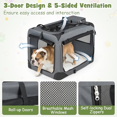 Giantex Folding Soft Dog Crate, 33 Inch Foldable Portable Dog Kennel for Large Dogs up to 50 lbs, Collapsible Soft-Sided Pet Travel Crate with 5-Sided Mesh, 3 Doors, Washable Mat & Storage Pockets - size: 33.0"L x 23.0"W x 23.0"H