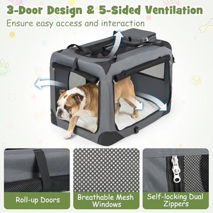 Giantex Folding Soft Dog Crate, 33 Inch Foldable Portable Dog Kennel for Large Dogs up to 50 lbs, Collapsible Soft-Sided Pet Travel Crate with 5-Sided Mesh, 3 Doors, Washable Mat & Storage Pockets - size: 33.0"L x 23.0"W x 23.0"H