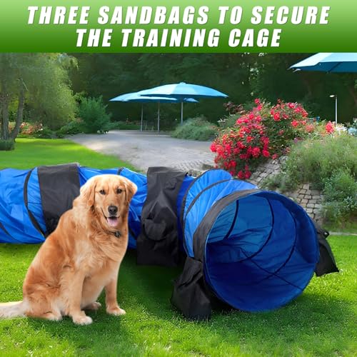 28 in 18 Foot Blue Extra Large Dog Agility Tunnel with Sandbags Dogs Agility Training Equipment Tunnel with 4 Pack Sandbags Carry Bag and 4 Ground Spikes for All Medium and Large Dogs - color: Blue, size: 28in X 18 ft