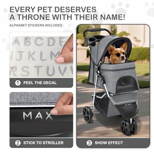 MoNiBloom 3 Wheels Pet Dog Cat Stroller for Small Medium Dogs and Cats, Lightweight Foldable Jogger Stroller w/Storage Basket and Cup Holder, Gray - color: Gray