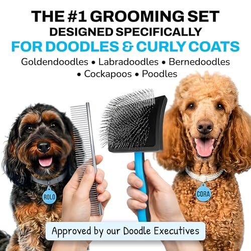 The Doodle Brush Grooming Kit, Slicker Dog Brush and Finishing Comb Set, Detangler & Dematting Grooming Tools for Dogs, Extra Long Pin Slicker & Metal Comb for Goldendoodle, Cockapoo, Cavapoo, Poodle