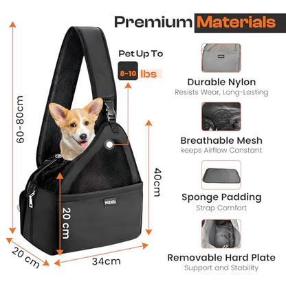 Small Dog Sling Carrier Bag, Hands-Free Dog Carrier Sling with Safety Buckle, Breathable Mesh, Adjustable Strap, Padded Back, Storage Pockets, Pet Carrier for Dogs, Cats, Puppies up to 8–10 lbs - color: Black