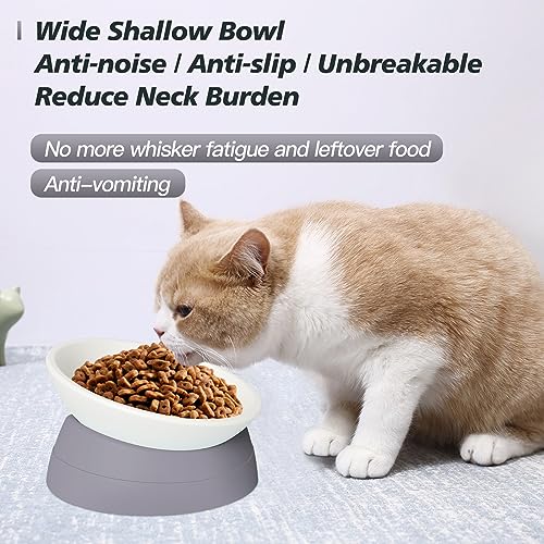 Elevated Cat Bowl, Adjustable Raised Slanted Food Bowl for Cats and Small Dogs, Wide Shallow PP Dish with TPR Non Slip Base, Whisker Friendly, 17 oz - color: Milky White, Grey