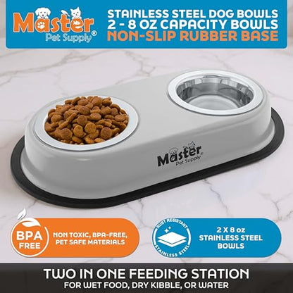 Master Pet Supply Double Dog Bowls Set with Elevated Base and 2 (8 oz) Stainless Steel Removable Dishes (Light Gray) – Double Cat Food Water Bowl, Dog Puppy Food Bowl Set, Rust Resistant - color: Light Gray