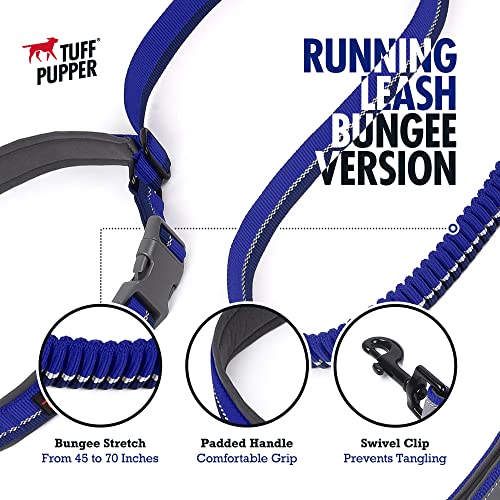 Tuff Pupper Hands Free Bungee Dog Leash | Lightweight for Running Jogging Walking | Adjustable Padded Waist Belt (24-50 inch) | Bungee Stretch 3 to 6 Feet | Strong Ballistic Nylon w/Reflective Strips - color: Blazing Blue