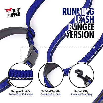 Tuff Pupper Hands Free Bungee Dog Leash | Lightweight for Running Jogging Walking | Adjustable Padded Waist Belt (24-50 inch) | Bungee Stretch 3 to 6 Feet | Strong Ballistic Nylon w/Reflective Strips - color: Blazing Blue
