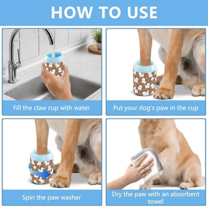 Cute Animals Dogs Brown Print Dog Paw Cleaner Cup with Soft Silicone Brush, Portable Lightweight Small Muddy Paw Washer for Dogs, Easy to Use Pet Foot Cleaner