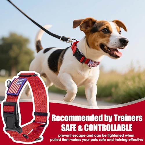 Martingale Dog Collar, Reflective No Pull Training Collar with Quick Release Buckle & USA Flag, Heavy-Duty Nylon, Adjustable for Small Medium Large Dogs (L,Red with Flag - color: Red with Flag, size: L (1" x 19"-26")