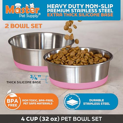 Master Pet Supply Stainless Steel Dog Bowls Set of 2 with Extra Thick Silicone Base - 4 Cup (32 oz) Hyper Pink, Non-Slip, Dishwasher Safe Metal Bowls, Pet Dog Food Bowl for Dogs, Cats, Anti Rust - color: Hyper Pink, size: 4 Cups (32 oz) 2 Pack