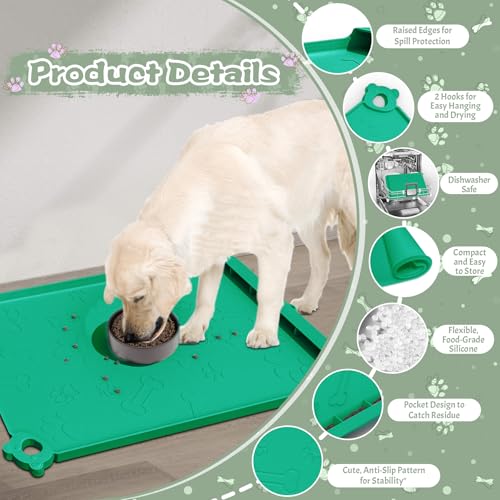 Silicone Pet Feeding Mat - Waterproof Dog & Cat Bowl Mat with Raised Edges, Hooks & Residue Collection Pocket - color: Turquoise Green, size: 36''x24''