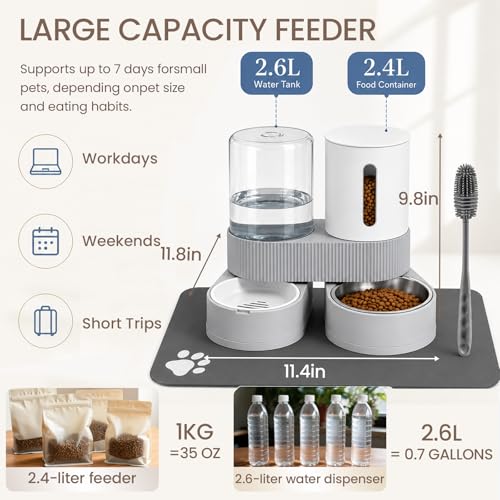 Gravity Cat Feeder 2 Pack Automatic Food Feeder and Water Dispenser Set Detachable Pet Bowl with Silicone Mat and Brush for Cats Small Medium Dogs, Large Capacity(Grey) - color: Grey-With mat/brush