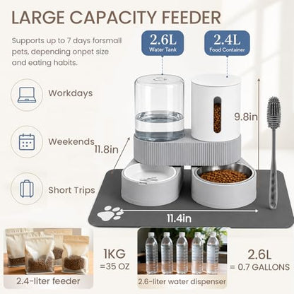 Gravity Cat Feeder 2 Pack Automatic Food Feeder and Water Dispenser Set Detachable Pet Bowl with Silicone Mat and Brush for Cats Small Medium Dogs, Large Capacity(Grey) - color: Grey-With mat/brush