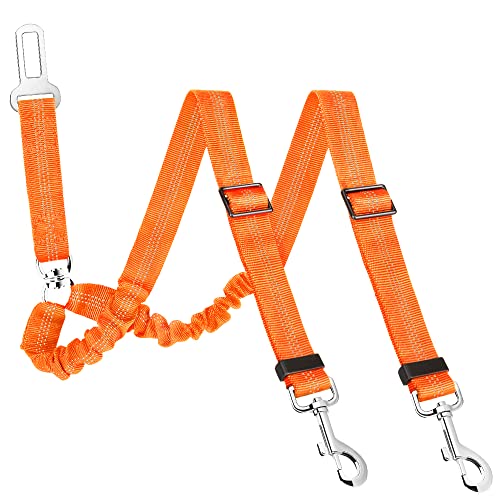 SlowTon Dog Seat Belt, Double Dog Seatbelt Adjustable Vehicle Safety Leash with Elastic Bungee Buffer, Reflective No Tangle Y Shape Two Dog Harness Seat Belt Splitter for Pets Car Trip (Orange, M) - color: J.Orange, size: 2 Medium in 1