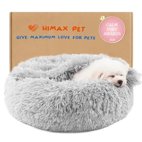 Himax Small Cat & Dog Bed with Cover, Calming Dog Bed for Small Dogs,Anti-Anxiety Donut Dog Bed with Attached Blanket,Washable Round Fluffy Pet Bed (20"/26"/35"), Light Grey - color: Light Grey, size: 20.0"L x 20.0"W x 7.0"Th