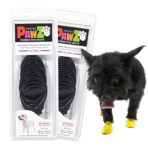 PawZ Rubber Dog Boots for Small Paws - All-Weather Waterproof Dog Shoes, Anti-Slip Traction for Rain, Snow, Mud & Hot Pavement - Pull-On Dog Booties, Black - XX-Small (1"-1.5") - Pack of 24 - size: XXS