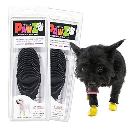 PawZ Rubber Dog Boots for Small Paws - All-Weather Waterproof Dog Shoes, Anti-Slip Traction for Rain, Snow, Mud & Hot Pavement - Pull-On Dog Booties, Black - XX-Small (1"-1.5") - Pack of 24 - size: XXS