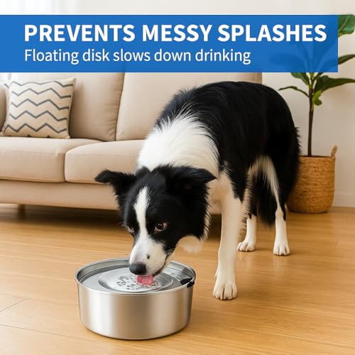 3L/101oz Stainless Steel Dog Water Bowl with Floating Disk – Spill Proof & Slow Drinking Pet Feeder for Dogs & Cats – No Mess Travel Water Dispenser for Car & Home Use (Dog Water Bowl, 3L/101oz) - size: 101 oz (3 L)