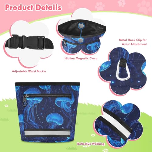 Jellyfish Water-Resistant Dog Treat Pouch, 3 Ways to Wear Treat Bag with Magnetic Closure & Reflective Strip, Hands-Free for Pet Training, Walking