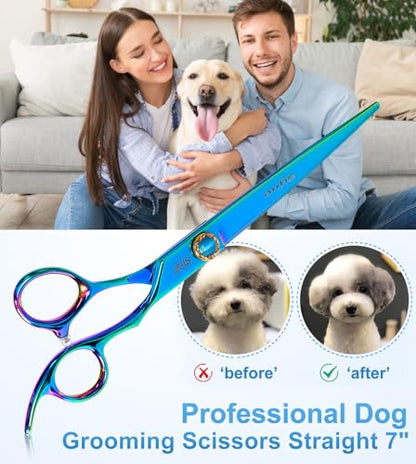 7.5'' Dog Straight Scissors for Grooming 440C Stainless Steel Green Professional Pet Trimming Scissors Sharp Blades Cutting for Dogs and Cats Shears - style: Straight