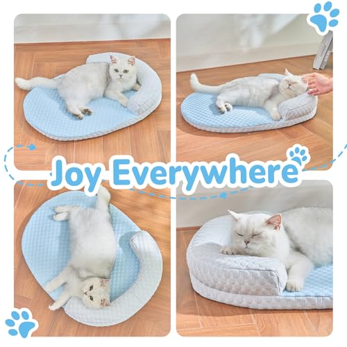Summer Cat Cooling Mat - Cooling Cat Bed for Cats or Small Dogs, Cat Summer Sleeping Beds with U-Pillow Soft and Comfortable, Calming Cozy Cat Cushion Washable, Non-Slip Bottom Removable - color: Blue against Grey