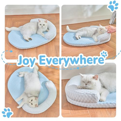 Summer Cat Cooling Mat - Cooling Cat Bed for Cats or Small Dogs, Cat Summer Sleeping Beds with U-Pillow Soft and Comfortable, Calming Cozy Cat Cushion Washable, Non-Slip Bottom Removable - color: Blue against Grey