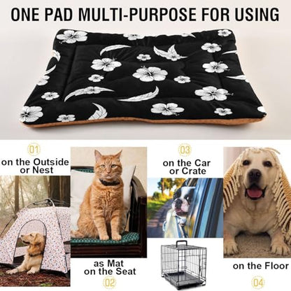 Black White Hibiscus Pattern Pet Bed Mat for Dogs and Cats, Soft Washable Crate Pad with Non-Slip Bottom, Cozy Bed Cushion for Small Medium Large Pets, 18x24 Inch - size: Small