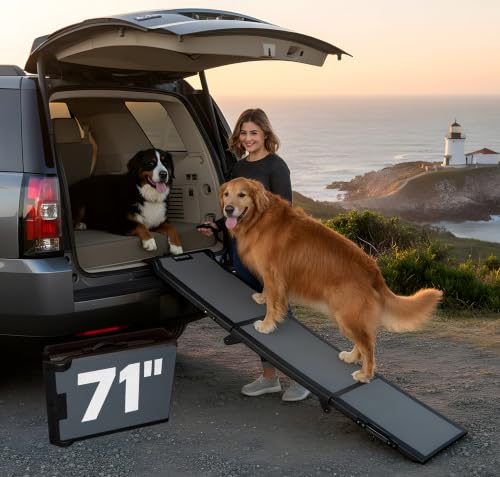 Pet Gear Tri-Fold Portable Pet Ramp for Dogs/Cats, 71" Long, Titanium | Extra Wide, Holds up to 200lbs, Compact/Easy Fold with Safety Tether - color: Titanium