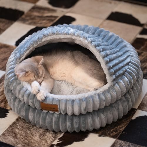 CHEERPALS Cat Cave Bed for Indoor Cats, Washable Covered Cat Bed Hooded Kitty Bed Soft Fluffy Pet Bed for Puppy and Small Dog(Dark Blue) - color: Dark Blue