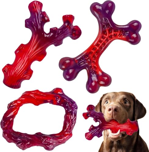 Frienhund 3 Pack Indestructible Dog Chew Bones for Aggressive Chewers - Heavy Duty Long Lasting Chew Toys for Large Dogs, Nylon Teeth Cleaning Toys - color: Red-3-Pack