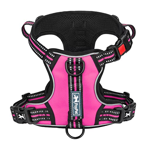 PoyPet No Pull Dog Harness, No Choke Front Clip Reflective Dog Vest with Soft Padded Vertical Handle, 3 Leash Attachments for Small Medium Large Dogs (Pink,L) - color: Pink, size: Large