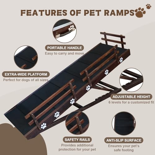 Efficraft 63 Inch Dog Ramp, 6 Level Adjustable Height Folding Pet Ramp for High Beds, Elevates Up to 40 Inches - Portable for Senior Medium & Large Dogs and Cats