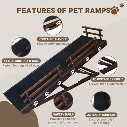 Efficraft 63 Inch Dog Ramp, 6 Level Adjustable Height Folding Pet Ramp for High Beds, Elevates Up to 40 Inches - Portable for Senior Medium & Large Dogs and Cats