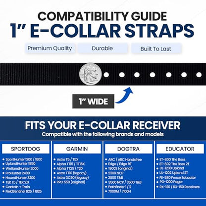 Waterproof Black High Flex E Bungee Sure Fit Quick On/Off Full Grip E Collar Strap- 1 Inch Wide- Dogtra ARC