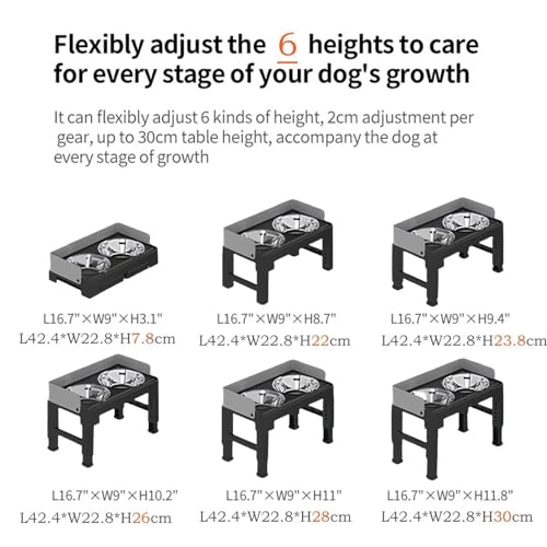 Marchul Elevated Dog Bowls, Raised Dog Food Water Bowl with 2 Thick Stainless Steel Bowls, 6 Height Adjustable, Non-Slip Stand, Spill-Proof for Medium Large Dogs (with Fence)