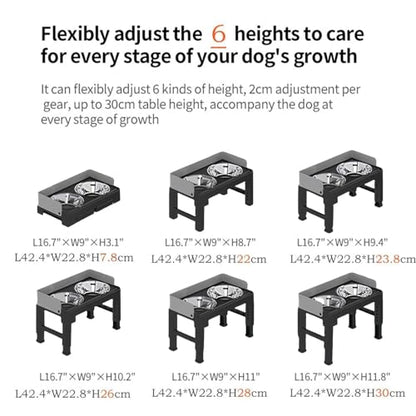 Marchul Elevated Dog Bowls, Raised Dog Food Water Bowl with 2 Thick Stainless Steel Bowls, 6 Height Adjustable, Non-Slip Stand, Spill-Proof for Medium Large Dogs (with Fence)