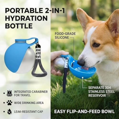 Dog Water Ball,Dog Water Bottle with Bowl,2-in-1 Portable Foldable DogWaterBottle,Leak-Proof,304 Stainless Steel Large-Capacity Cup with Foldable Silicone Bowl,Perfect for Travel - color: Blue