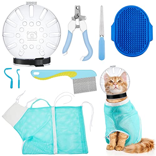 8 Pcs Cat Muzzle Set with Adjustable Cat Bathing Bag, Breathable Muzzle Pet for Shower Grooming Brush Tick Remover Tool Nail Clipper Nail File for Dog, Bunny Cleaning Trimming(L Size,Blue) - size: L Size