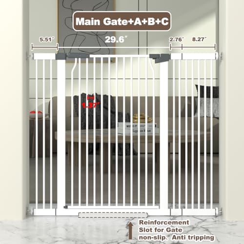 41" Extra Tall Cat Gate for Doorway, 40.6-49.1'' Metal Pet Baby Safe Gate, Extra Wide Pressure Mounted Child Door with Expansion Kit, No Drilling Cat Fence Indoor, Tall Dog Gate, White - size: 29.6-49.1''W